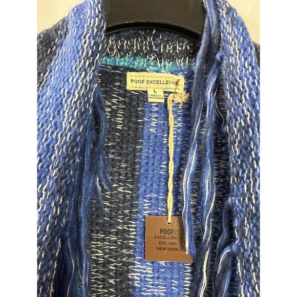 Poof Excellence Womens L Blue Fringe Knit Cardigan Sweater Acrylic Open Front Ne - Picture 3 of 5